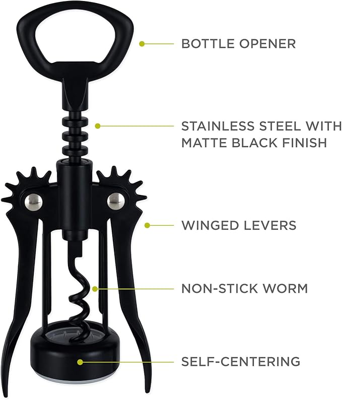 True Soar Winged Corkscrew Wine Opener, Multi-Purpose Bottle Opener for Beer and Soda, Stainless Steel with Chrome Finish, Easy to Remove Cork for Bartenders, Home Bar, Kitchen, Set of 1, Matte Black