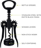 True Soar Winged Corkscrew Wine Opener, Multi-Purpose Bottle Opener for Beer and Soda, Stainless Steel with Chrome Finish, Easy to Remove Cork for Bartenders, Home Bar, Kitchen, Set of 1, Matte Black