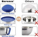 Rorence Mixing Bowls Set: Stainless Steel Non-Slip Bowls with Pour Spout, Handle and Lid - Set of 3 - Blue