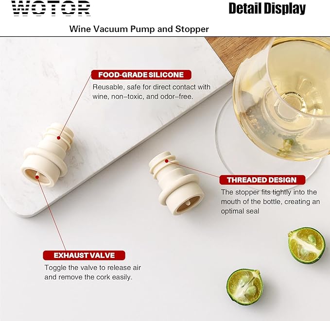 WOTOR Wine Stoppers Vacuum, Wine Saver, Wine Pump Vacuum Stoppers, Wine Preserver, Reusable Bottle Sealer Keeps Wine Fresh (Cream, 24 Pieces)
