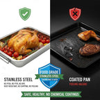 Stainless Steel Roasting Pan with Rack & Handles,15.5" x 11.6"- Food Grade No Coating Dishwasher Safe - Roaster for Turkey Chicken Meat Vegetables for Thanksgiving Christmas and Family Gatherings