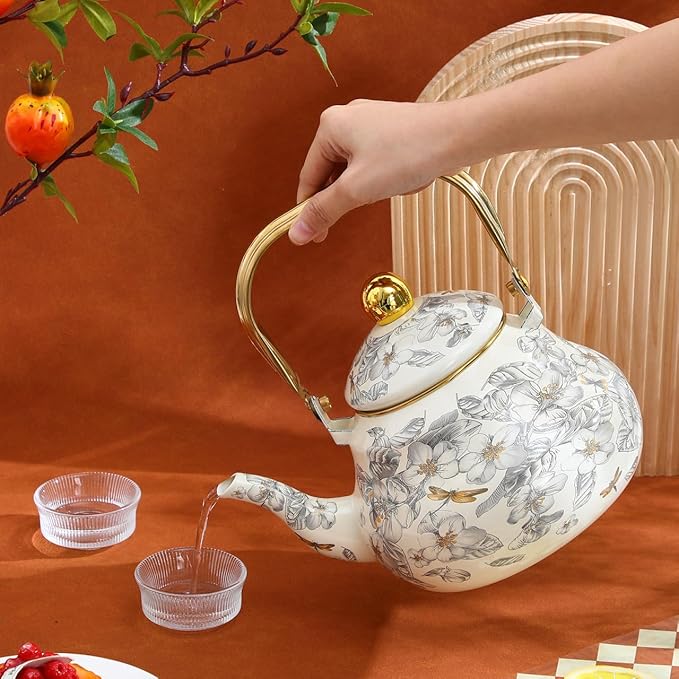 Cabilock Vintage Enamel Tea Kettle, Floral Enamel on Steel Teapot 2L Stovetop Ceramic Teakettle Retro Classic Water Boiler with Cool Handle for Home Kitchen Decor