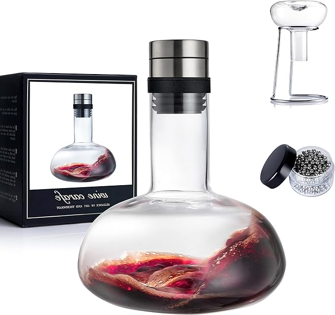 YouYah Wine Decanter Set,Red Wine Carafe with Drying Stand,Cleaning Beads and Aerator Lid,Crystal Glass,Wine Aerator,100% Hand-blown,Wine Gifts for Men (1300ML)