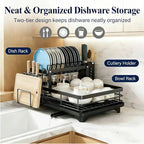 2 Tier Stainless Steel Dish Drying Rack with Auto-Draining Drainboard, Utensil Holder, Detachable & Space Saving Kitchen Counter Organizer, (Black),Chaos Coordinator Gifts