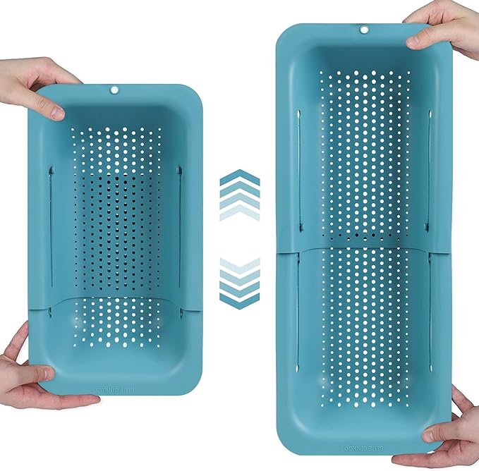 BLUE GINKGO Over the Sink Colander Strainer Basket - Wash Vegetables and Fruits, Drain Cooked Pasta and Dry Dishes - Extendable - New Home Kitchen Essentials (7.9 W x 14.5-19.5 L x 2.75 H) - Teal