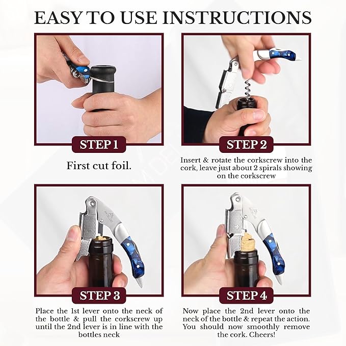 Waiters Corkscrew Wine Opener - Double-Hinged Fulcrum 3-In-1 Cork Screw Wine Bottle Opener Heavy Duty Stainless Steel & Sapphire Resin. Serrated Foil Cutter. Beer Opener. Magnetic Gift Box