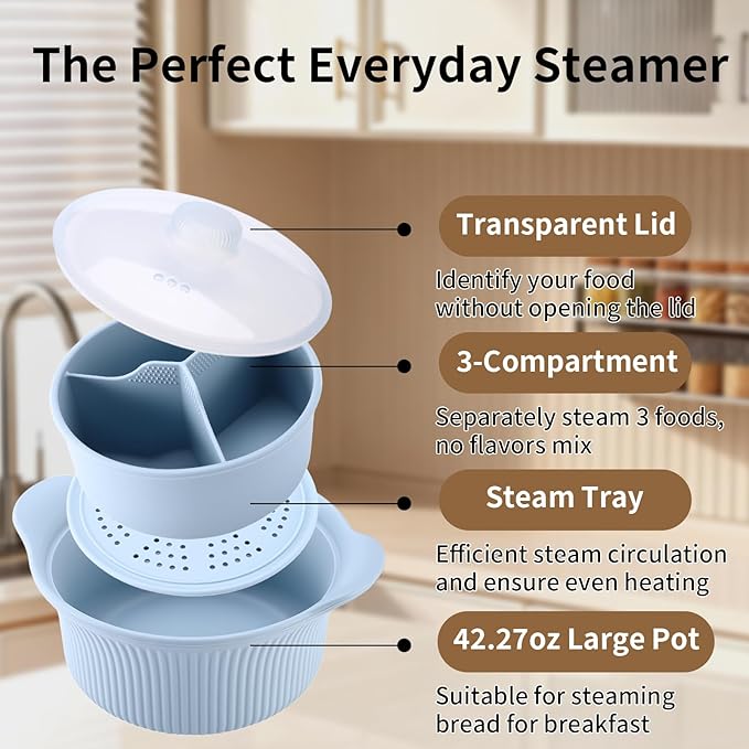 Microwave Vegetable Steamer, Silicone Microwave Cooker Basket for Broccoli, Rice, Eggs & Baby Food, Double Layer Design, Healthy Low Carb Cooking, Dishwasher Safe