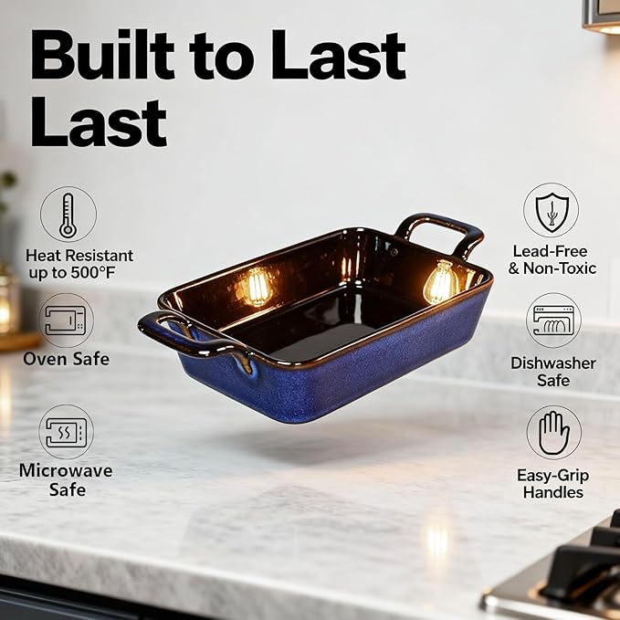7 x 4 Au Gratin Baking Dishes for Oven Safe and Microwave Cooking and Baking, 2 piece, Heat Resistant Ceramic with Handles for Serving, Small Casserole Dish Set for 1 or 2 person servings, Blue