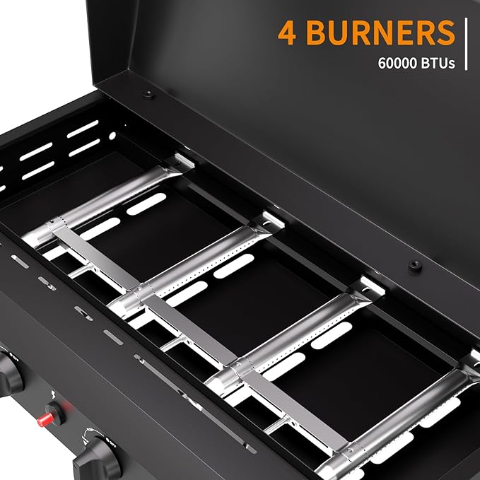 4 Burner BBQ Gas Griddle with Hood, 30 Inch Stainless Steel Portable Detachable Propane Griddle, 60,000 BTU Flat Top Grill with Lid for Camping, Silver