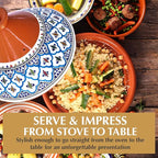 Kamsah Tagine Pot for Cooking and Flavor Enrichment - Large Clay Pot 12”, 5.5 QT - Non-Stick Handmade Cookware - Moroccan Ceramic Pots for Cooking with Lid & Serving Bowl - Bohemian Classic Turquoise