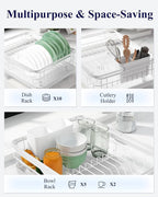 Kitsure Dish Drying Rack for Kitchen Counter, Stainless Steel Sink Organization and Storage Essentials with Cutlery Holder, Home and Appartment Decor, 12.2''W x 15.7''~23''L, White