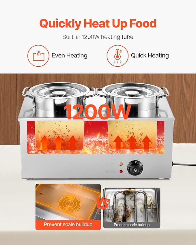 VEVOR Electric Soup Warmer, Two 6.34QT Stainless Steel Round Pot with 86~185°F Adjustable Temp, 1200W Commercial Bain Marie Compatible with Pans, Soup Station for Restaurant, Buffet