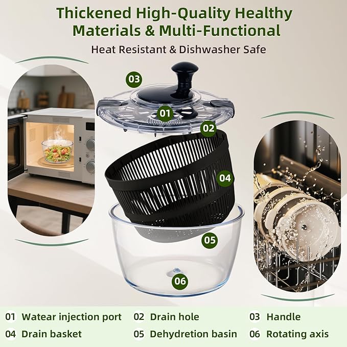 Large 5.2 Qt Glass Salad Spinner Vegetable Dryer with Drain Microwave Safe Dishwasher Safe with Transparent Lid Crank Handle Quick Spin Greens Washer for Lettuce Herbs Fruits (black)