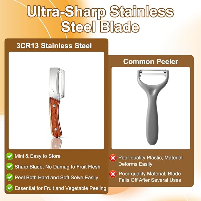 Multi-Functional Vegetable Peeler for Kitchen, With Wooden Handle and Bottle Opener, Comfortable and non-slip handle Stainless Steel Blade Easy to Clean for Fruit Potato Pumpkin Papaya (2 PCS)