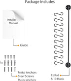 Wallniture 24" Gourmet Kitchen Rail for with 10 S Hooks for Hanging Utensils, Pot Pan Lid Rack Storage Organizer Set, Steel, Black
