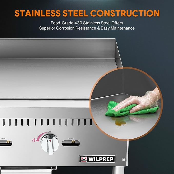 WILPREP Commercial Gas Griddle, 24 in. Gas Countertop Griddle with 2 30000 BTU U-Shaped Burners, NG LPG Compatible Flat Top Grill Hot Plate with Independent Knob Controls for Home Commercial Kitchen