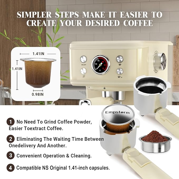 Empstorm Espresso Machine 20 Bar, 2 in 1 Espresso Maker with Milk Frother Steam Wand for Latte and Cappuccino, Powder and Capsule Portafilter, 50oz Removable Water Tank Coffee Machine for Home-White