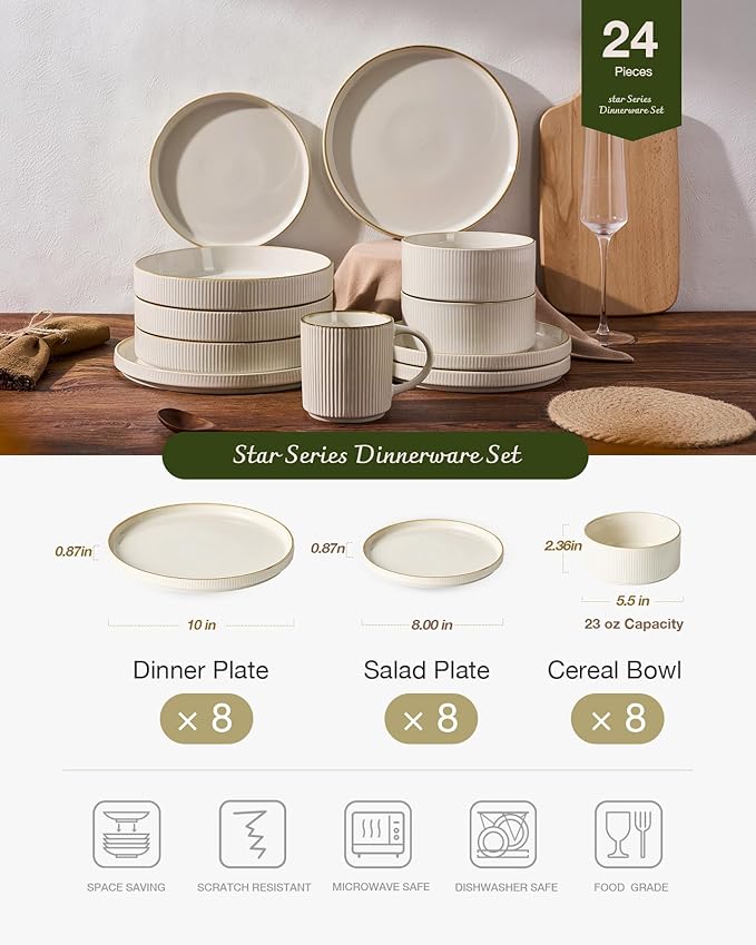 Famiware Star 24-Piece Stoneware Dinnerware Sets with Trim, Service for 8 - Ceramic Plates and Bowls Set, Ribbed Dishes with High Edge, Chip & Scratch Resistant, Microwave & Dishwasher Safe, White
