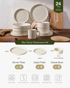 Famiware Star 24-Piece Stoneware Dinnerware Sets with Trim, Service for 8 - Ceramic Plates and Bowls Set, Ribbed Dishes with High Edge, Chip & Scratch Resistant, Microwave & Dishwasher Safe, White