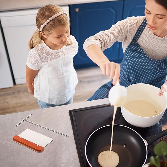 SAFIGLE Stainless Steel Pancake Spreader and Scraper Set, Small round Crepe Tool with Handheld Scraping Board, Kitchen Accessory for Homemade Crepes and Pancakes, 2pcs Cooking Gadget Kit