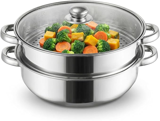 ZENFUN Steamer Pot With Lid 2 Tier, Multipurpose Stainless Steel Steaming Pot, Steam Pots With Handle For Vegetable, Dumpling, Food, 11 Inch（Thickened）