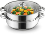 ZENFUN Steamer Pot With Lid 2 Tier, Multipurpose Stainless Steel Steaming Pot, Steam Pots With Handle For Vegetable, Dumpling, Food, 11 Inch（Thickened）