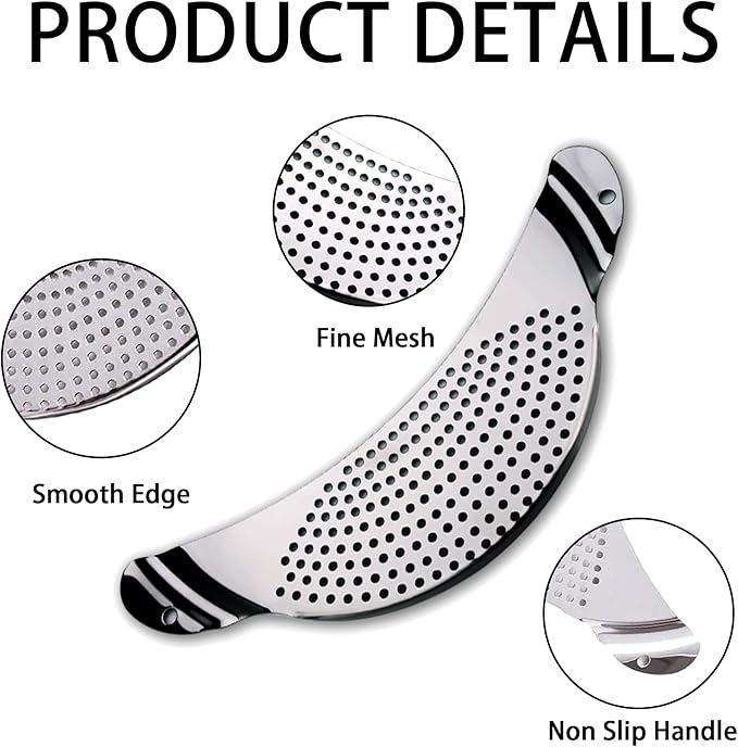 TJ POP Pot Strainer Stainless Steel, Pasta Strainer, Premium Metal Food Strainer for Noodles Fruit Veggies, Suitable for Pots or Containers Up to 10 Inches