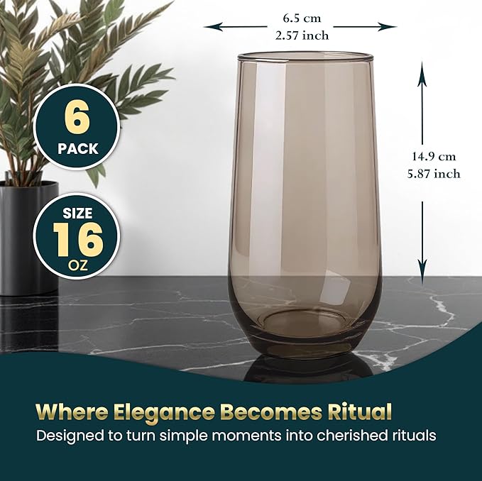 Smokey Sand Drinking Glasses Set of 6 | Translucent Brown Glassware | 16 oz Brown Glass Cups | Highball Drinkware for Cocktails, Long Drink, Mojito, Juice, Soda | Modern Tortoise Drinkware