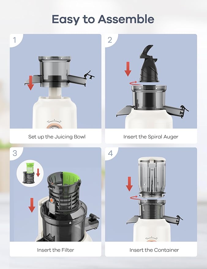 Ganiza Juicer Machines, Cold Press Juicer with Large Feed Chute for Whole Fruits & Vegetables, Slow Masticating juicers with 3 Replace Filters for Batch Juicing, Easy to Clean, BPA Free (White)