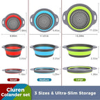 Collapsible Colander Set with Oversized Draining Tray | 3-Pack Foldable Kitchen Strainers + Base | Space Saving for Pasta, Veggies, Fruit & Rice | 5 Colors (Gray-Blue-Red-Green)