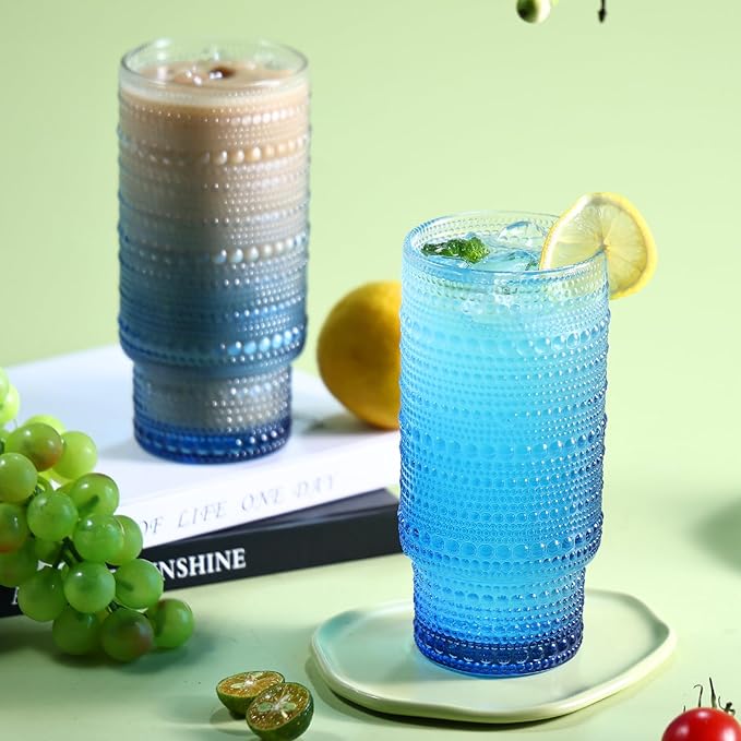 Large Capacity 16 oz Hobnail Drinking Glasses Set of 6,Vintage Glassware Drinking Glasses, Gradual Blue Water Glasses Tumbler, Cups for Kitchen, Juice, Beer, Cocktail, Whiskey