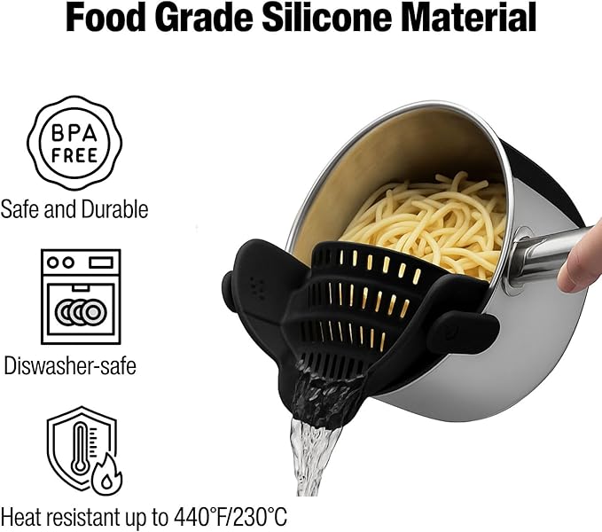 Silicone Pot Strainer, Emptycolor Adjustable Clip On Strainer for Pots Pans, Heat Resistant Pot Drainer, Kitchen Pasta Colander for Vegetables and Noodles (Black)