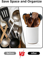 LoeJan 6.7" Utensil Holder, Ceramic Kitchen Utensil Holder with Cork Bottom, Large Utensil Crock for Countertop, Vintage Cooking Tool Organizer Set for Kitchen Counter Decor(White)