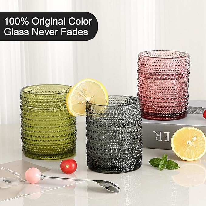 KMIGRUAN Colored Hobnail Drinking Glasses Set of 6,12oz Vintage Kitchen Glassware,Embossed Beaded Glass Cups,Water Tumbler for Cocktail,Juice and Various Mixed Drinks