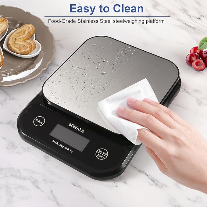 BOMATA Waterproof Kitchen Scale, 0.1g/0.01oz High Precision, 5kg/11lb, Washable, USB Rechargeable, Digital Scale for Food,Cooking, Baking, Weight Loss, Grey