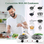Double Burner Cooktop, 2000W Portable Electric Stove, 5 Level Temperature Control, Easy to Clean, Power Indicator Lights, Coil Hot Plate for Home Dorm Camping Cooking