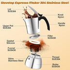No Coating 4 Cup Thickened 304 Stainless Steel Moka Pot Stovetop Espresso Maker Italian Coffee Machine 200ml 6.8oz Suitable for Gas Induction Stovetop Greca Coffee Maker Percolator
