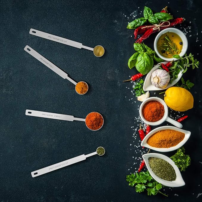 7 Inches Long Handle Measuring Spoons Set, Premium Stainless Steel Metal Spoon, Tablespoon & Teaspoon & Coffee Scoop, for Accurate Measure Liquid or Dry Ingredients, for Cooking Baking