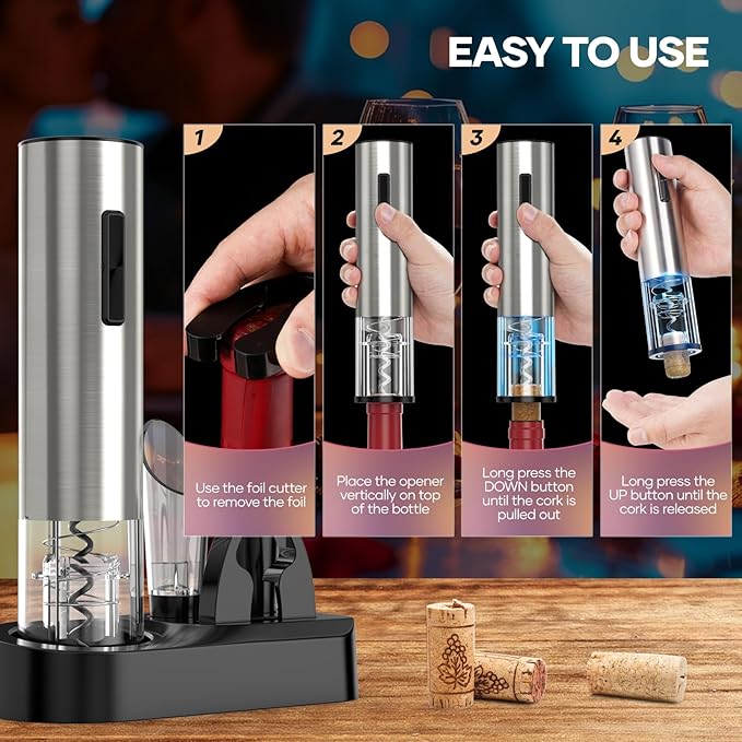 Crenova Wine Opener Electric, Rechargeable Wine Bottle Opener, Automatic Corkscrew with Vacuum Stopper, Aerator Pourer, Foil Cutter, Display Base, House Warming Gifts for New Home Wedding Birthday