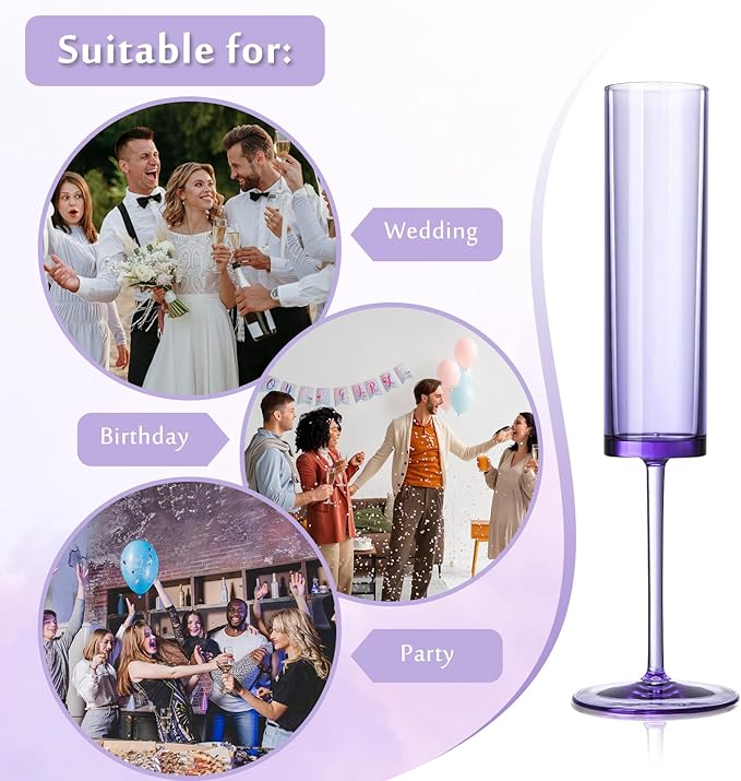 24 PCS Purple Champagne Flutes Plastic 5.4 OZ Champagne Flutes Acrylic Reusable Pastel Colored Plastic Glasses Long Stem Wine Glasses Toasting Wedding For Party Birthday Anniversary