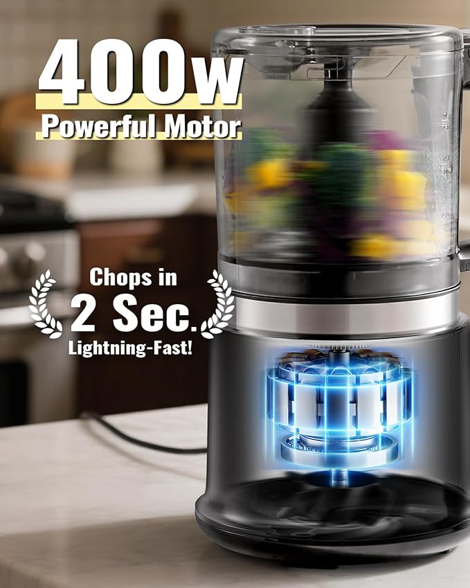 Food Chopper, 4 Cup Mini and Fast Food Processor, Electric Meat Grinder with 2 Speed, 4 Stainless Steel Blades, and Whisk, 400W Power for Chopping, Mixing, Emulsifying, Puree and Whisking, BPA-Free