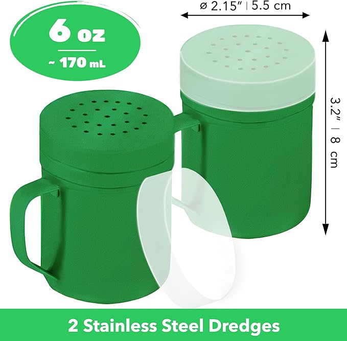 CUSINIUM 6oz Forest Green Stainless Steel Salt Pepper Dredge Shakers - With Plastic Cap - With Handle - Pack of 2