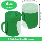 CUSINIUM 6oz Forest Green Stainless Steel Salt Pepper Dredge Shakers - With Plastic Cap - With Handle - Pack of 2