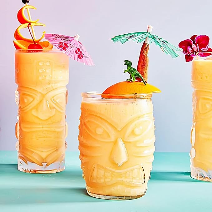 Tiki Glasses Set of 6-16 oz Cocktail Drinking Glasses - Water Glassware - Drinkware for Juice Iced Coffee - Hawaii Pool Beach Party Cups