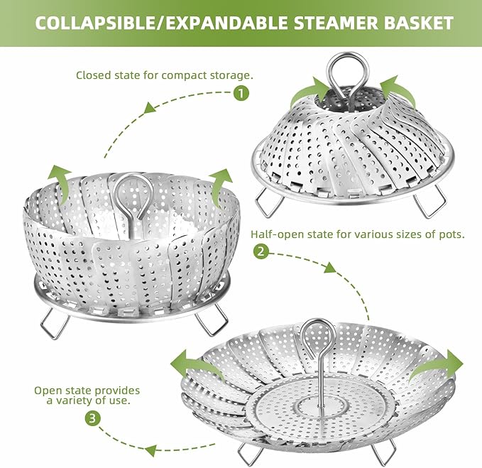 Steamer Basket, Premium Stainless Steel Vegetable Steamer Basket for Veggies & Seafood Cooking, Expandable Food Steaming Basket Fits for Various Size Pots & Pans (6.4" to 10") LAIHIFA