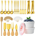 Charcuterie Boards Accessories Bowls Gold, Cheese Butter Spreader Knife Set Mini Serving Tongs, Forks, Spoons,Dipping Bowls with Lids, Toothpick Flags, Honey Dippers For Party Platter Making