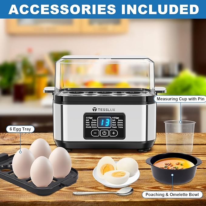 Electric Rapid Egg Cooker, 6 Egg Capacity for Hard Boiled Eggs, Poached Eggs, Scrambled Eggs, or Omelets Maker with Auto Shut Off (Sliver)