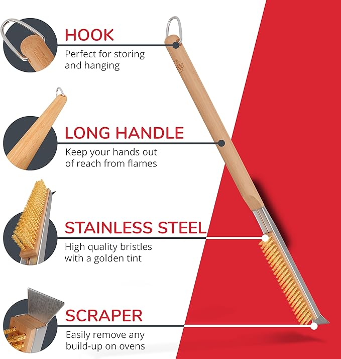 Senwosa 22” Pizza Oven Brush with Stone Scraper - Heat Resistant Stainless Steel Bristles, Extra Long Handle - Universal Fit for Most Pizza Ovens