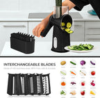 SUSTEAS Rotary Cheese Grater with Handle - Vegetable Shredder with 5 Well-designed Blades & Strong Suction Base,Round Mandoline Slicer & Food Chopper for Kitchen,with Blade Storage Box(Black)
