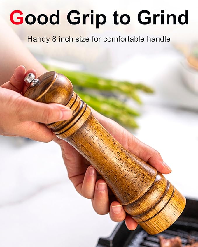 Pepper Grinder Salt Grinder Wooden Pepper Mill Grinder w/Adjustable Coarse, 8 inch Tall Wood Refillable Manual Pepper Grinder Mill Peppermill for Black Peppercorn